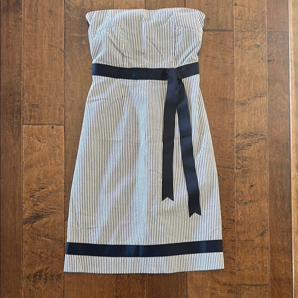 Molly B Blue and White Strapless Sheath Seersucker Dress